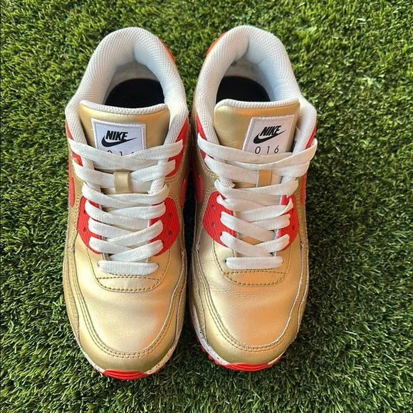 Nike Men's Red Black Gold Solid Leather Air Max 931896 994 Shoes Size 6.5 49ers - Picture 2 of 7